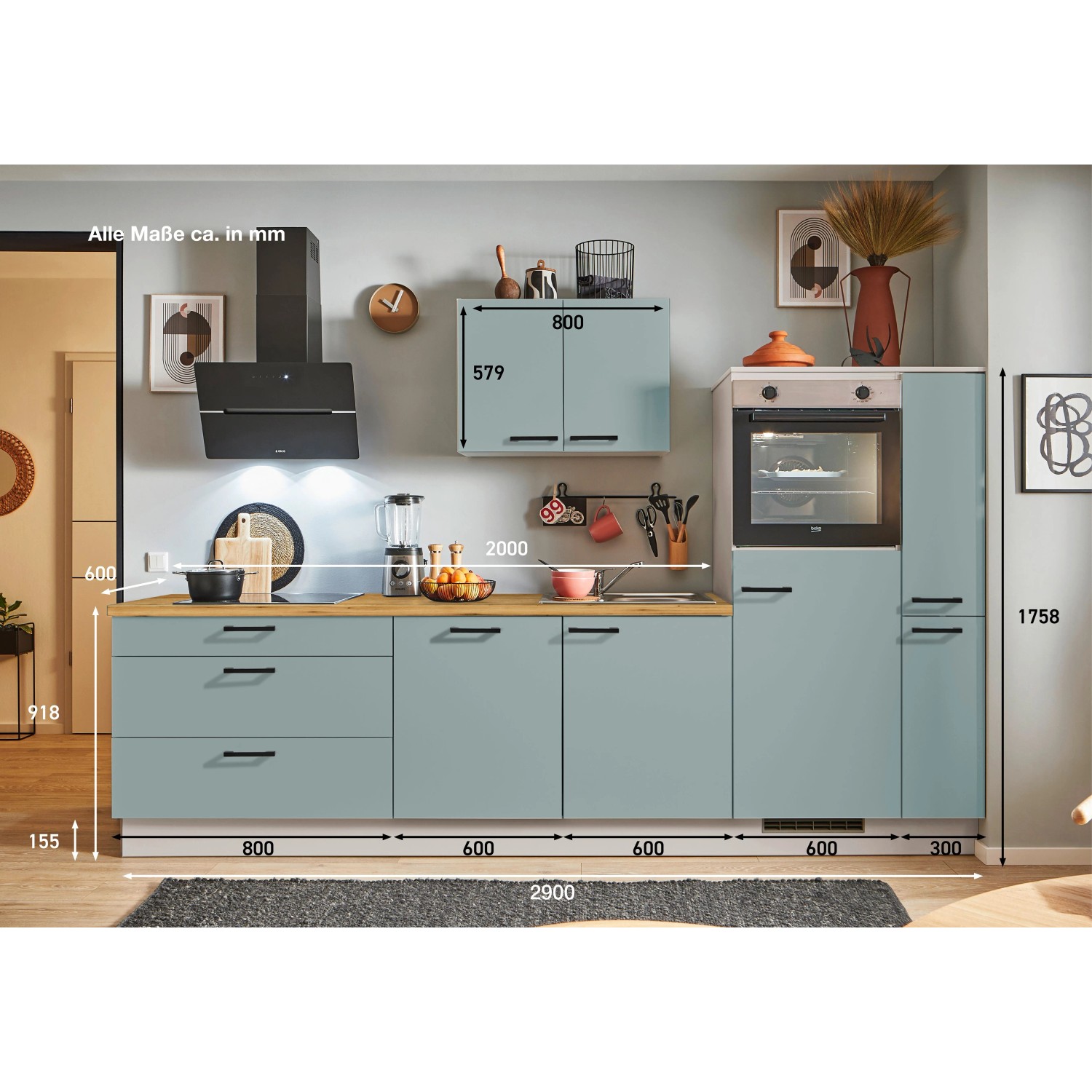 pino Küchenzeile 290 cm Fjordgrün Anschlag rechts 1 Geräte-. 1 Seitenschrank