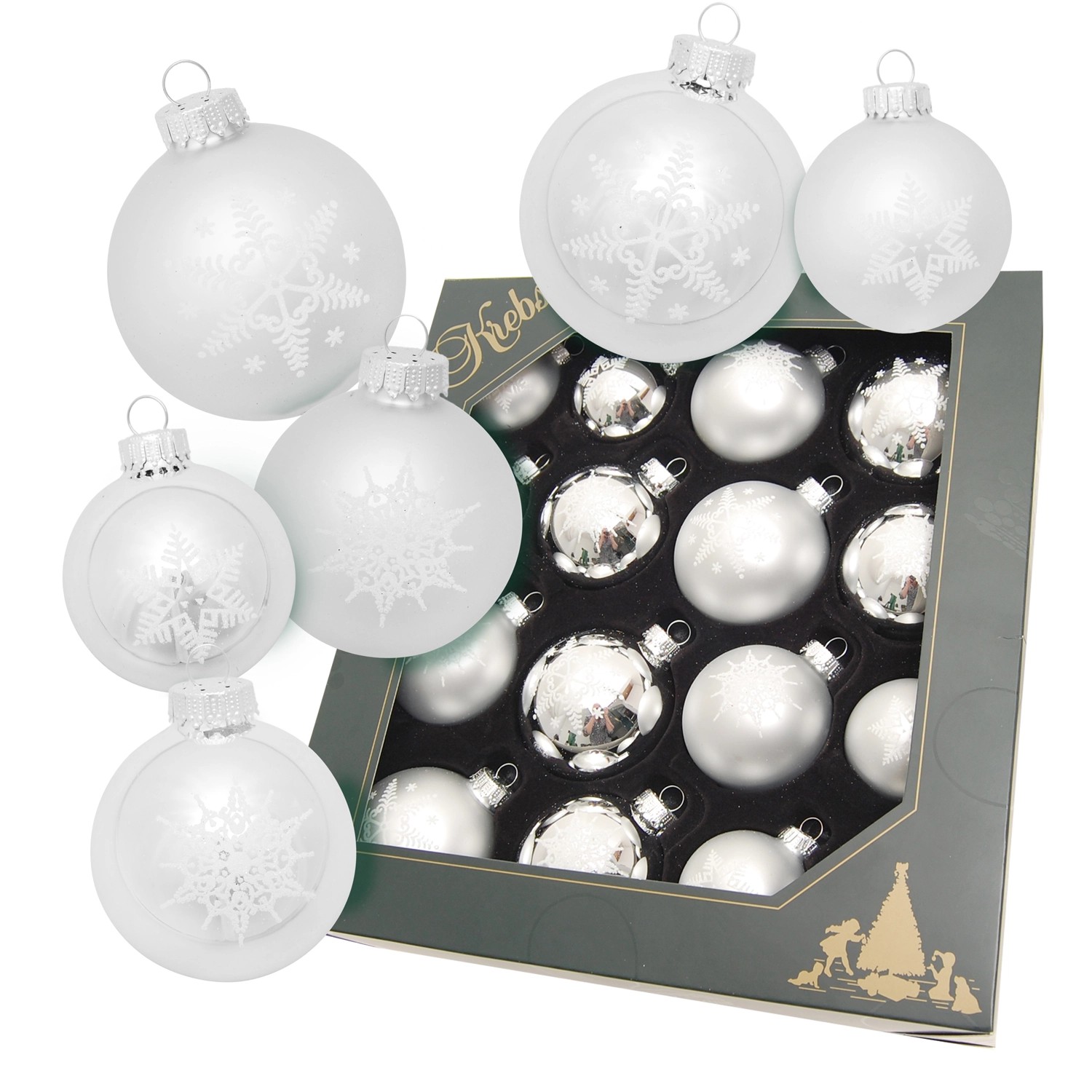 Krebs Glas Lauscha Weihnachtskugeln Sortiment Schneeflocke Silberfarbig 8cm günstig online kaufen