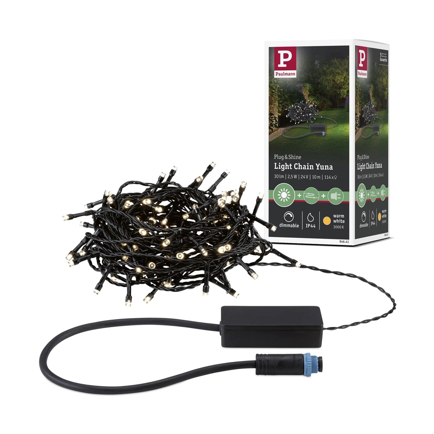 Paulmann LED-Lichterkette Yuna Plug & Shine, 10 m, warmweiß, schwarz. Dekorative Außenbeleuchtung.