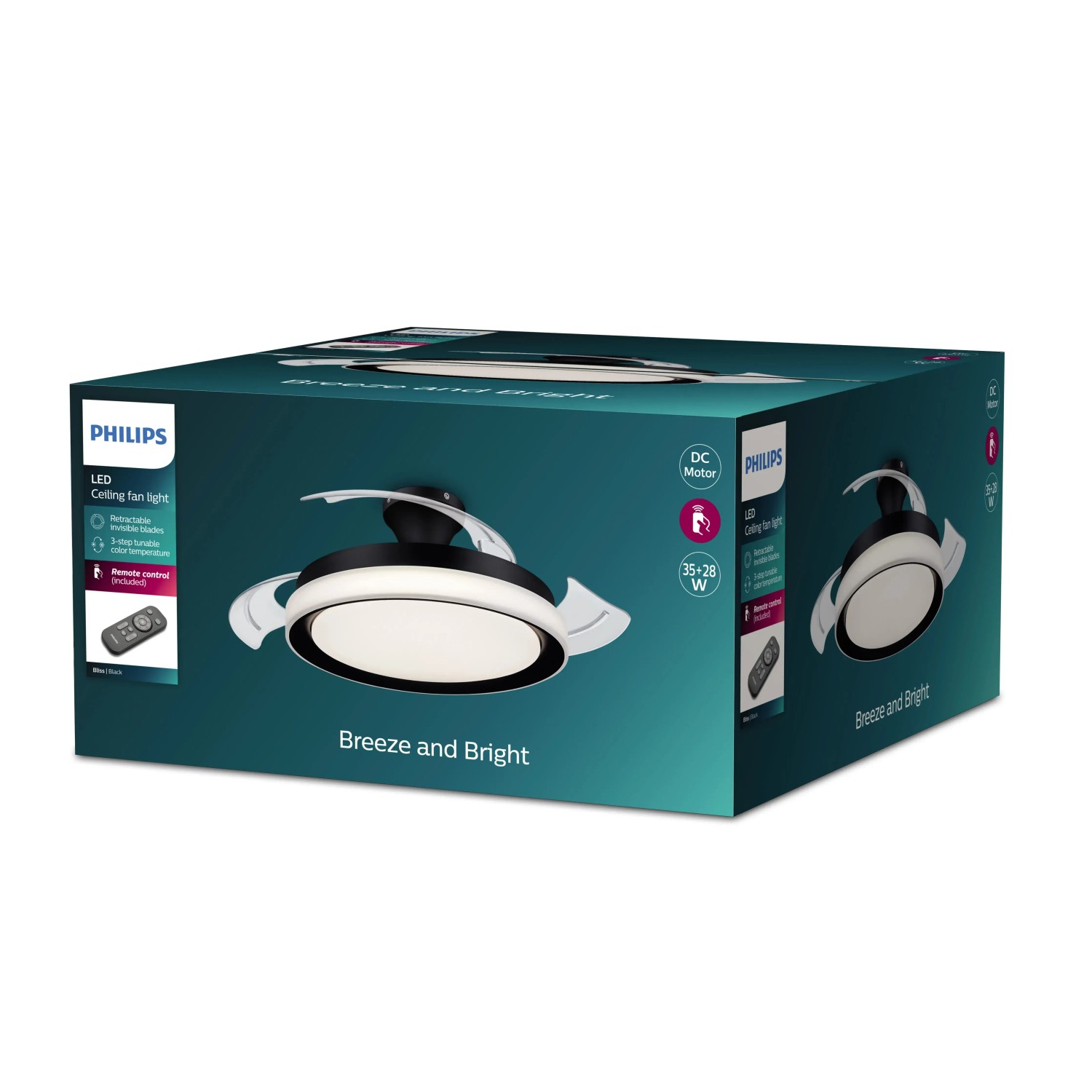 Verpackung der schwarzen Philips LED DC-Deckenleuchte Bliss mit Ventilator.
