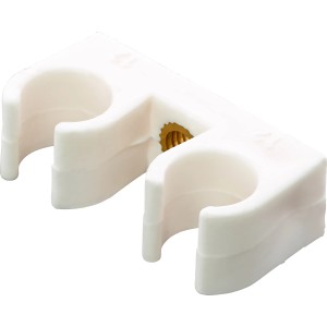 Weißer Doppel-Rohrclip Ø 12 mm aus Kunststoff mit M6-Gewinde für zwei Rohre.