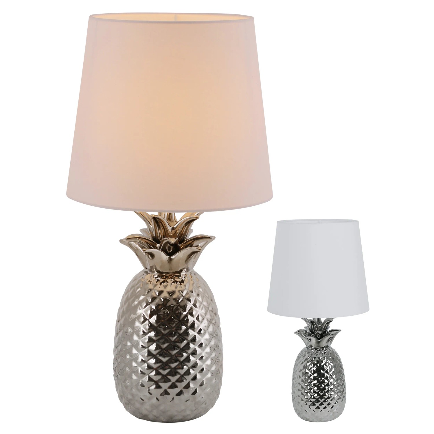 Tischlampe Ananas-Design – Keramikfuß Silber, Textilschirm Weiß, 43 Cm Hoch, Inkl. LED-Leuchtmittel