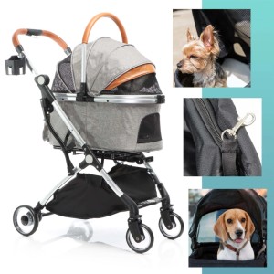 Grauer Fudajo 2in1 Hundewagen faltbar mit abnehmbarer Tragetasche. Hunde und Katzen nutzen den Buggy. Mit Sicherheitsclip.