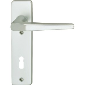 Aluminiumfarbene Kurzschild-Garnitur Florida-KS für Zimmertüren mit Buntbart-Lochung.