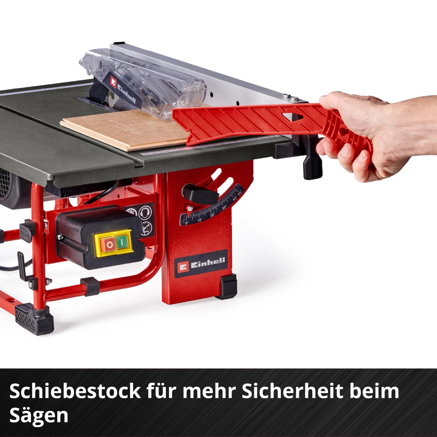 Einhell TC-TS 8 I Tischkreissäge mit Schiebestock für sicheres Sägen.
