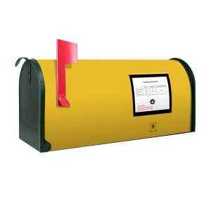 Gelber US-Briefkasten mit roter Fahne, Motiv Briefkasten. Amerikanischer Postkasten, 48x22x16cm.