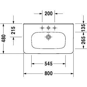 Draufsicht Duravit DuraStyle Möbelwaschbecken, 80 cm, weiß, mit Hahnloch und Maßangaben.
