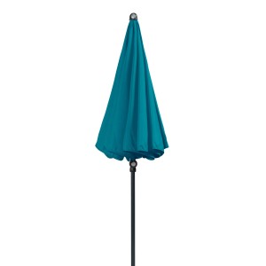 Geschlossener, petrolfarbener Doppler Balkonschirm Sunline Ø 150 cm mit Schieber.