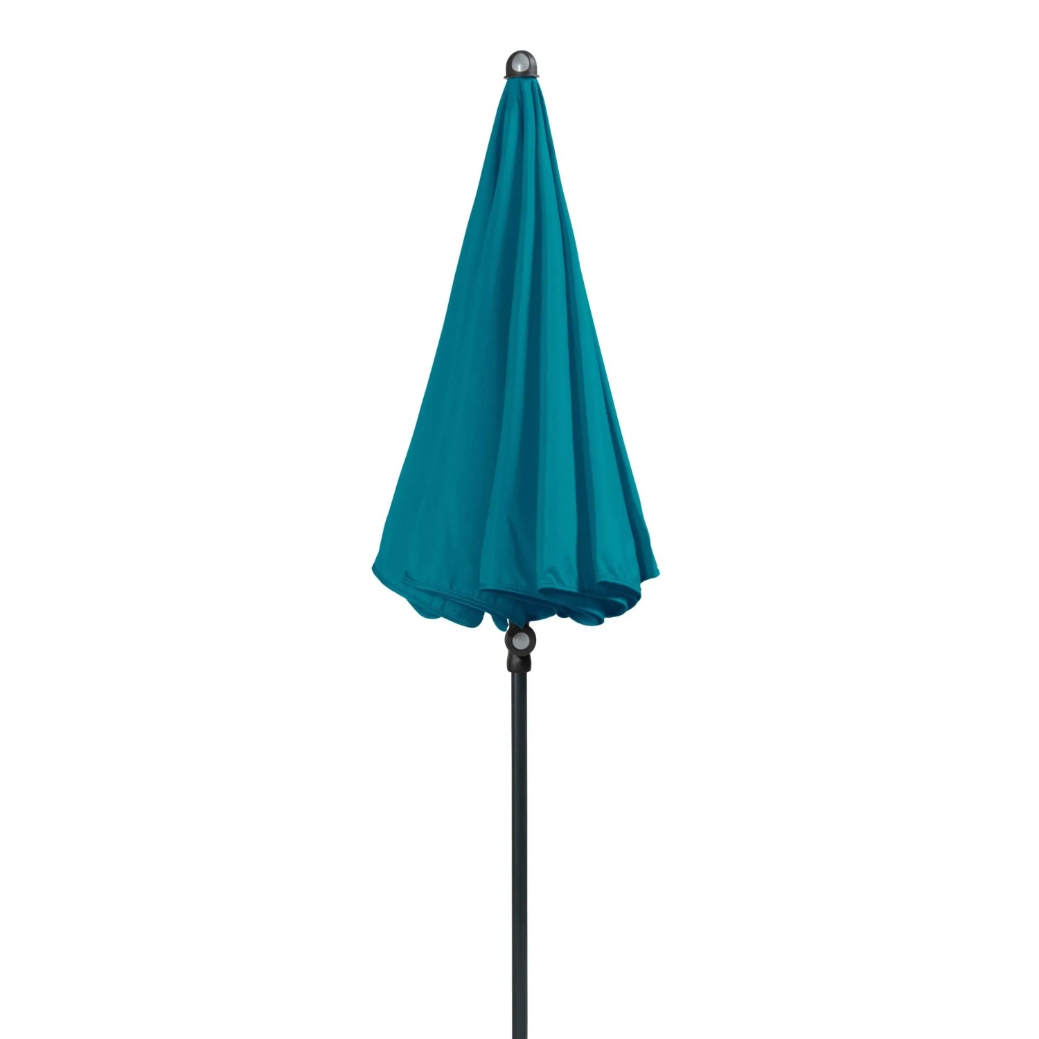 Geschlossener, petrolfarbener Doppler Balkonschirm Sunline Ø 150 cm mit Schieber.