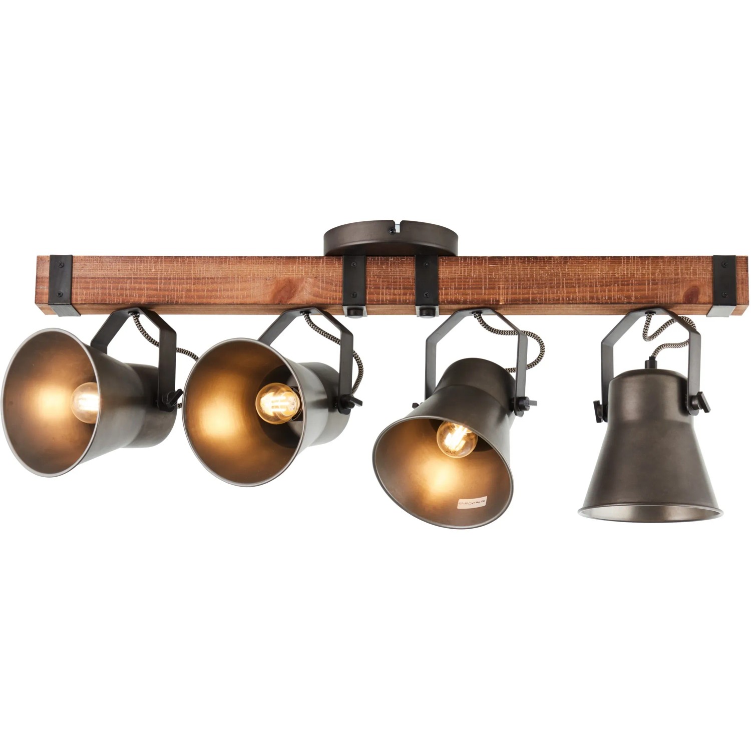 Brilliant Spotbalken Decca, 4-flammig, schwarz/Holz, mit vier Strahlern an Holzbalken.