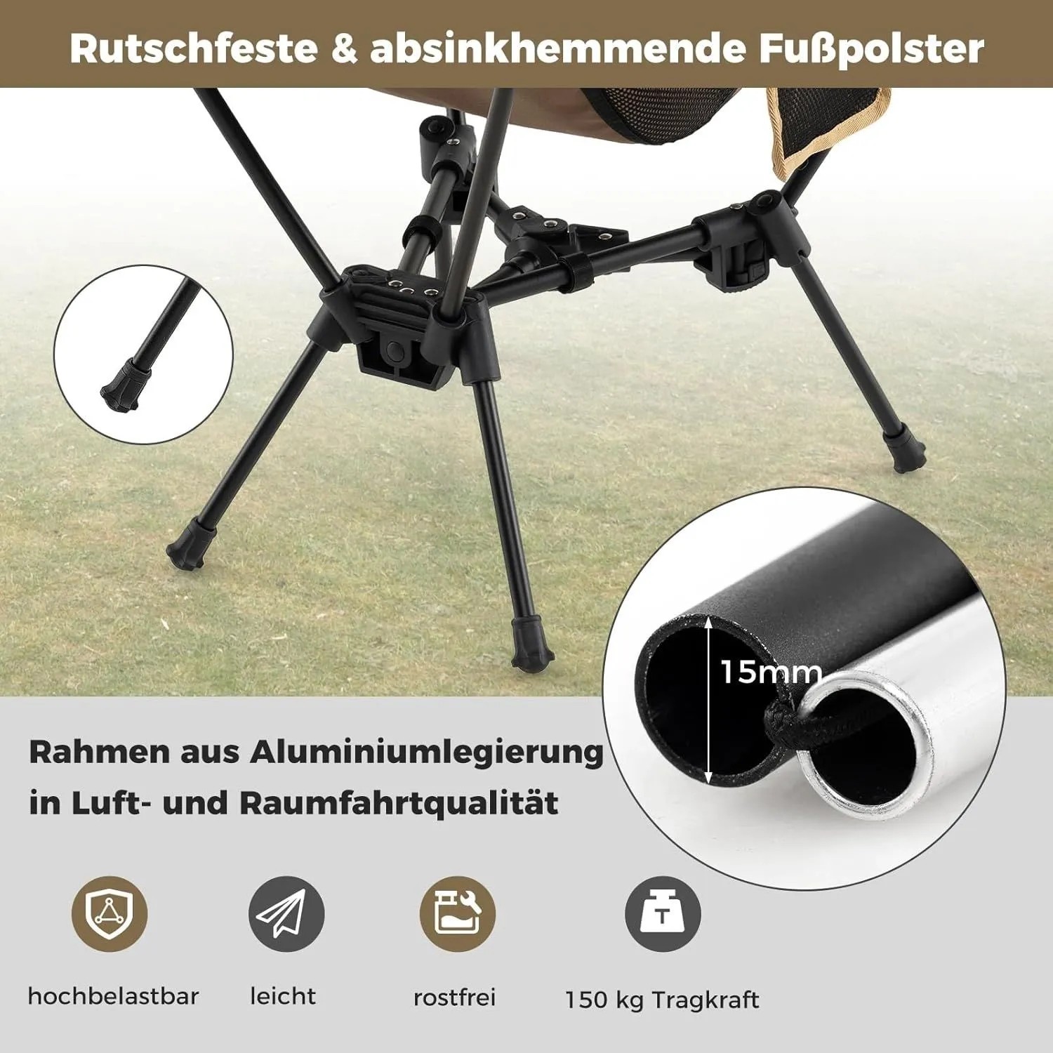 Costway Campingstuhl: Ultraleichter Faltstuhl mit robustem Aluminiumrahmen, rutschfesten Fußpolstern, 150 kg Tragkraft.