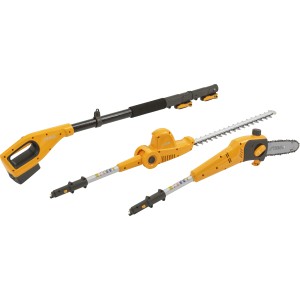 Stiga Akku-Multitool MT 100e mit Heckenscheren- und Hochentaster-Aufsatz, Akku und Ladegerät.