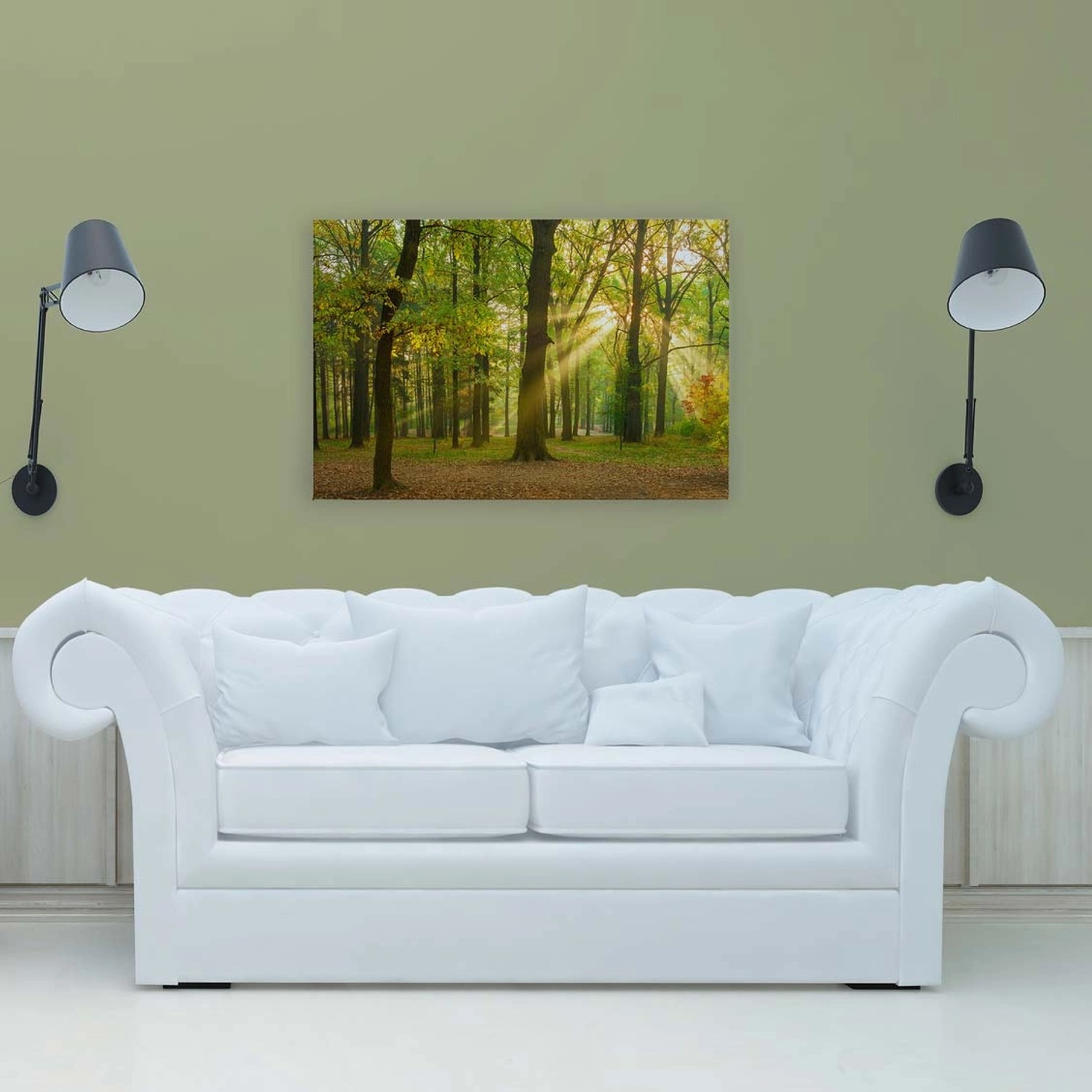 Bricoflor Herbstwald Leinwand Grün Deko Wandbild In 90 X 60 Cm Für Büro Und Schlafzimmer Bild Mit Wald In Sonne Romantis