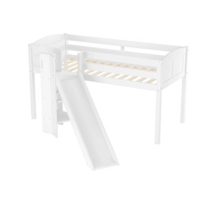 Weißes Kiefer-Spielbett für Kinder mit Rutsche, Leiter und Rollrost.
