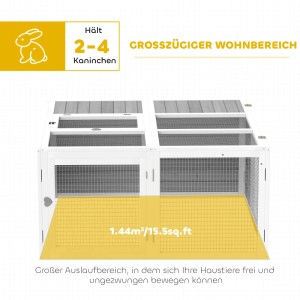 PawHut Kaninchenstall aus hellgrauem Holz mit großem Freilaufgehege (1,44m²), für 2-4 Kaninchen.