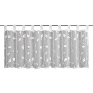 Weiße Sehlbach Bistrogardine mit Rankenstickerei und Schlaufenaufhängung.