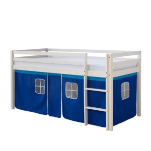 Weißes Homestyle4u Kinderhochbett 90x200 mit blauem Vorhang und Leiter. Ein Abenteuerbett für das Kinderzimmer.