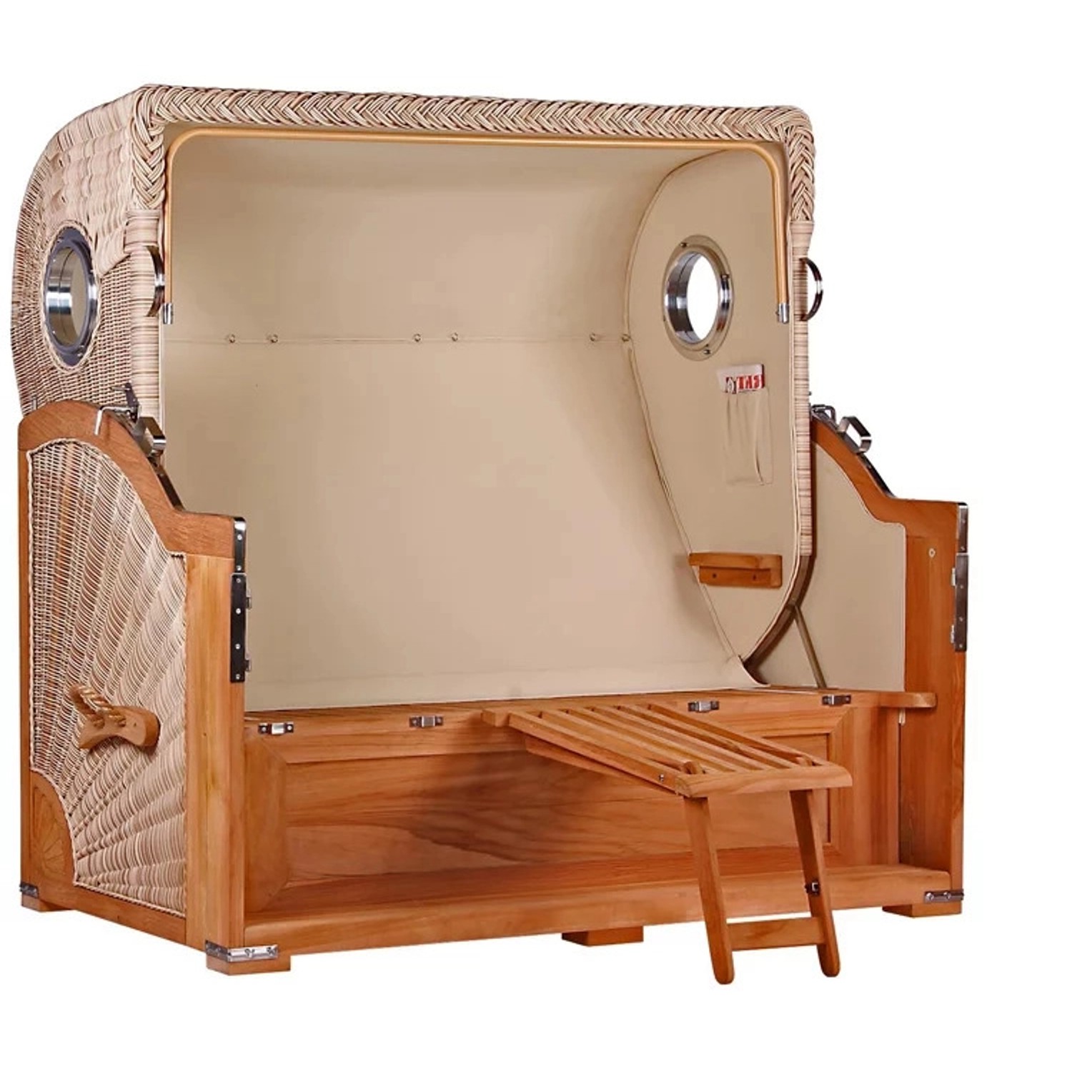 GarWoh Strandkorb Westerland XXL Teak mit Bullauge und PE-Geflecht, seitliche Ansicht.