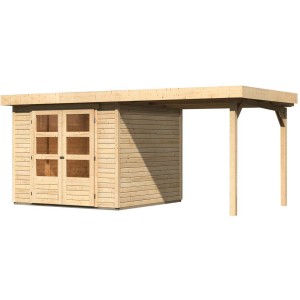 Karibu Holz-Gartenhaus Boras mit Flachdach und Anbau, unbehandelt.