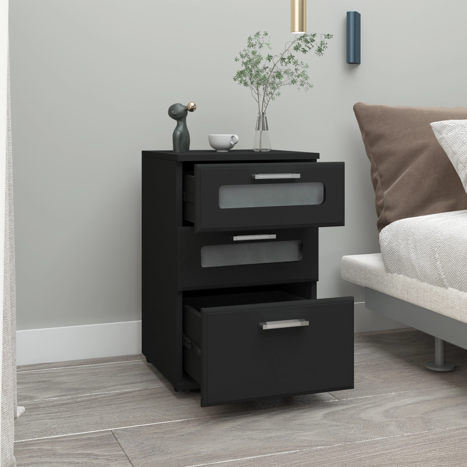 ML-Design Nachttisch 2er Set, schwarze Nachtkommode mit 3 Schubladen, teilweise mit Glaseinsatz.