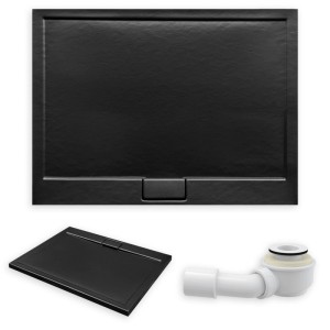 KOLMAN Duschwanne rechteckig, schwarz, Steinoptik, 120x90 cm, mit Ablaufgarnitur. Modernes Duschset.