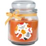 Orangefarbene Duftkerze im Glas mit Halloween-Motiv und Schleife, 70h Brenndauer.