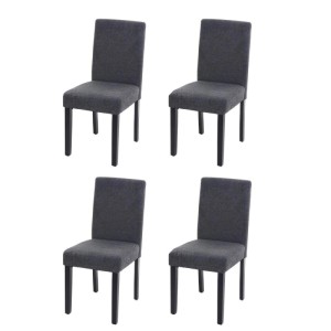 Vier anthrazitgraue Esszimmerstühle im 4er-Set mit Textilbezug und dunklen Holzbeinen. Moderne Polsterstühle.