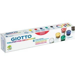 Giotto Deckfarben, 6 Farben (Weiß, Gelb, Rot, Violett, Grün, Schwarz) im Set, ideal für Schule und Hobby.