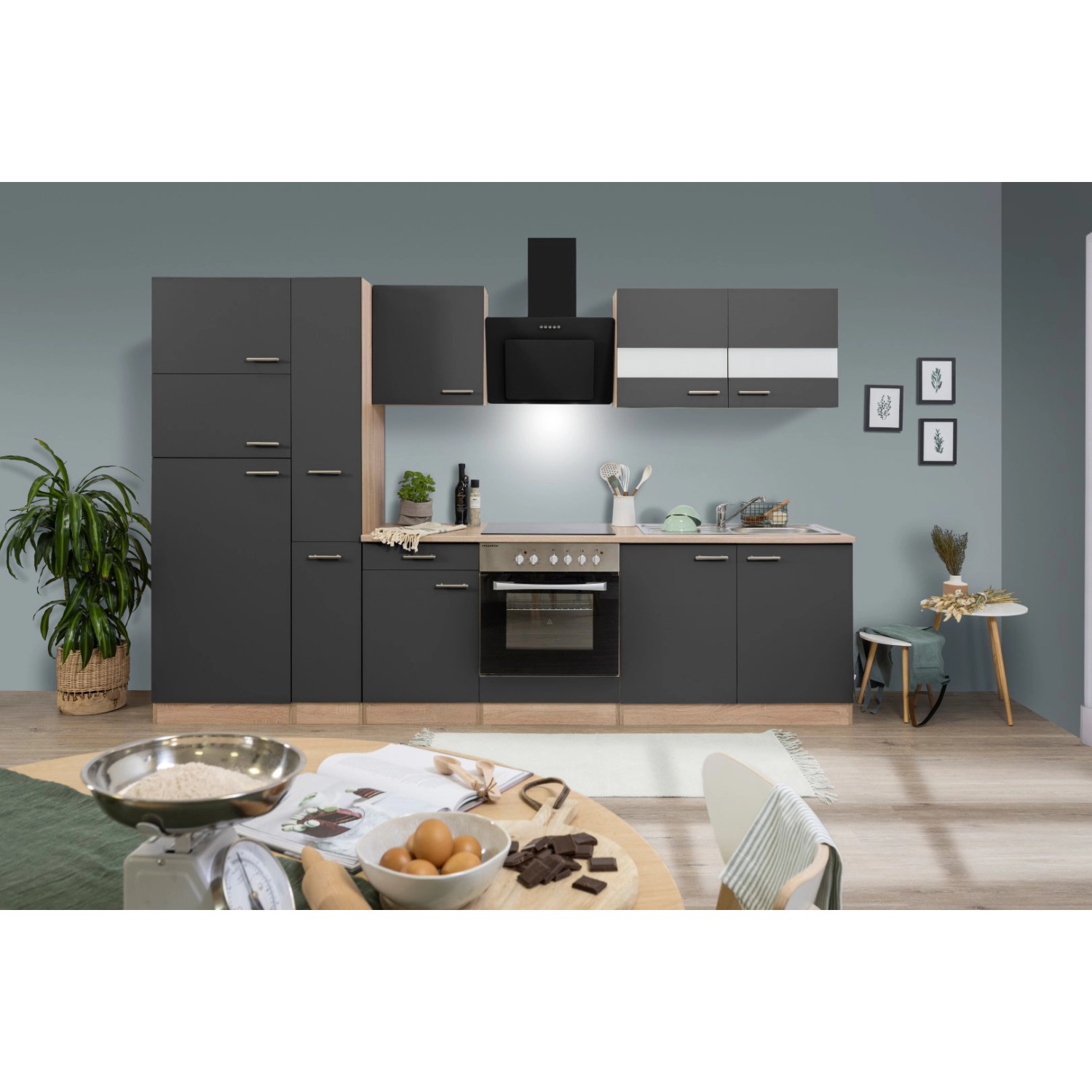 Respekta Küchenzeile/Küchenblock KB300ESGCGKE 300 cm Grau-Eiche Sägerau Nachbildung