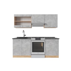 Vicco R-Line Küchenzeile in Beton/Goldkraft Eiche mit anthrazitfarbener Arbeitsplatte.