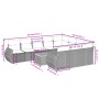 vidaXL Garten-Sofagarnitur, 11-teilig, beige Poly Rattan mit Kissen und Tisch. Abmessungen sichtbar.