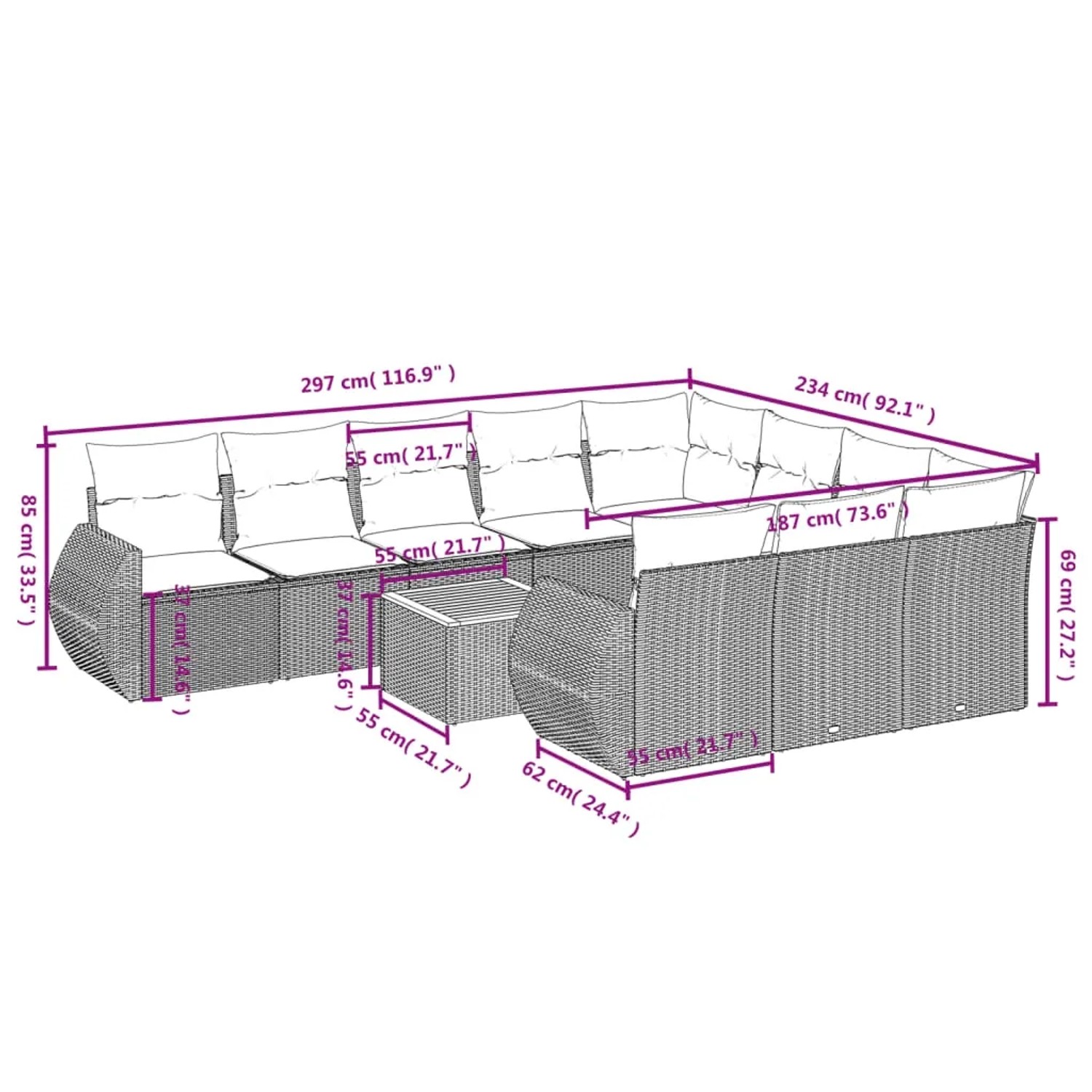vidaXL Garten-Sofagarnitur, 11-teilig, beige Poly Rattan mit Kissen und Tisch. Abmessungen sichtbar.