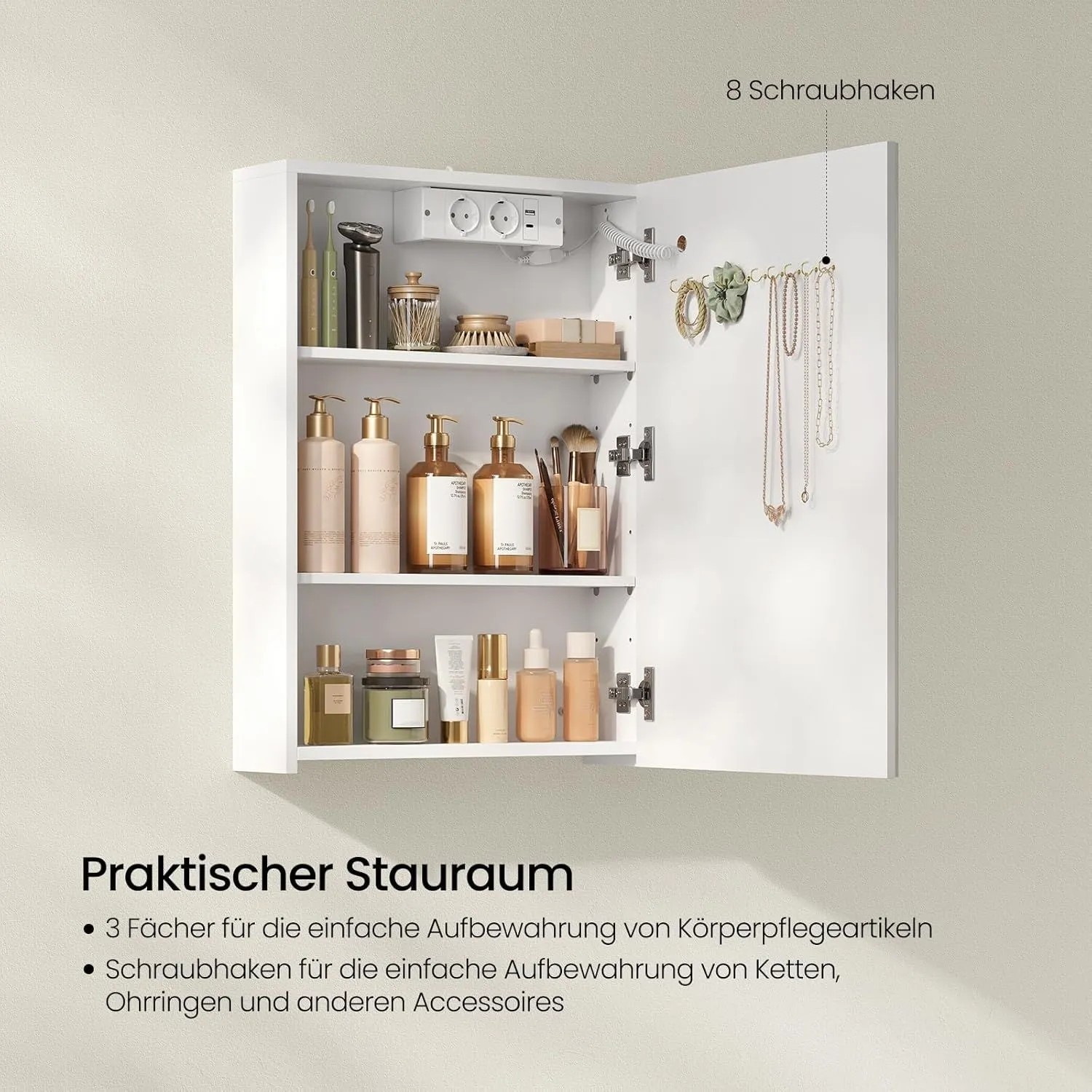 Weißer EUGAD Spiegelschrank offen, zeigt Innenfächer, Steckdosen und Haken für Schmuck. Verstellbare Aufbewahrung im Bad.