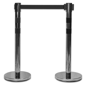 UvV BounceLine Personenleitsystem aus Edelstahl mit schwarzem Gurt, 2 Pfosten, max. 3 m Gurtlänge.