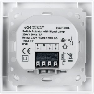 Homematic IP Schaltaktor für Markenschalter mit Signalleuchte. Rückansicht des weißen Moduls mit Anschlüssen für die Hausautomation.