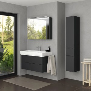 Steinkamp Waschtisch-Set: Unterschrank schwarz matt mit GROHE Cube Waschbecken, 100 cm breit.