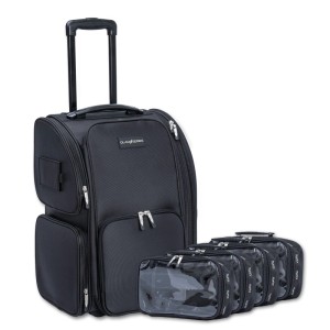 Schwarzer Glamroller Trolley mit ausziehbarem Griff und vier transparenten Organizer-Taschen für Make-Up und Beauty-Tools.