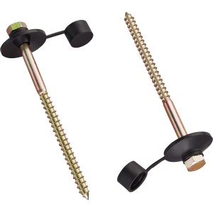 Schrauben für Profilplatten P5/P8, 7x120 mm, 20 Stück, mit schwarzer Dichtscheibe und Kappe.