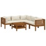 6-tlg. Gartenlounge-Set aus Akazienholz mit cremefarbenen Kissen und Tisch.