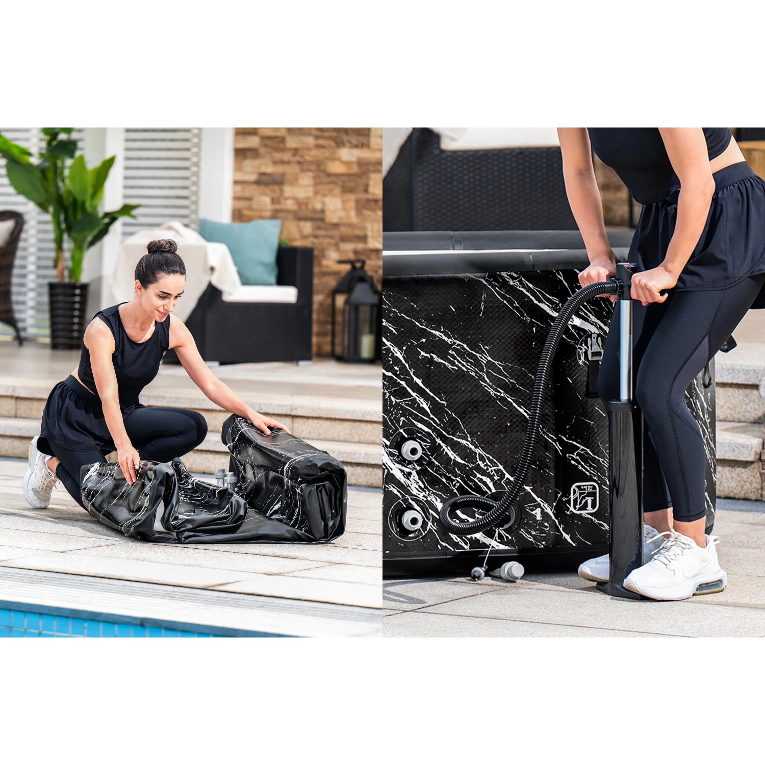 Bestway Eisbad Glacial Dip mit Handpumpe und Filterpumpe in Marmor-Optik beim Aufbau.