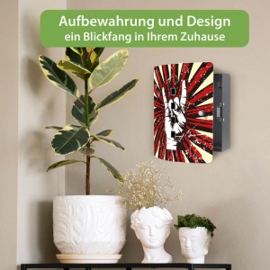 Banjado Design Schlüsselkasten aus Edelstahl mit Rock On Motiv an heller Wand. Eleganter, schwarzer Schlüsselkasten für 10 Schlüssel.