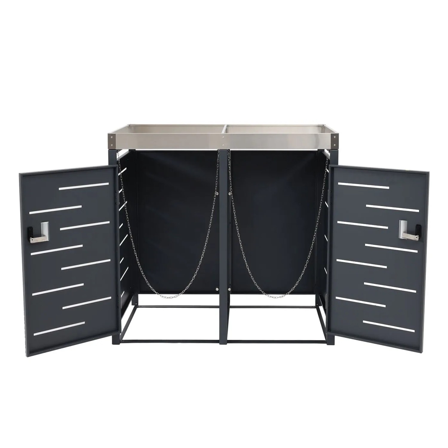 Anthrazitfarbene PROREGAL Mülltonnenbox für 2 Tonnen mit offenen Türen, Edelstahl-Pflanzkasten oben. Modernes Design.