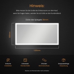 Emke LED Badspiegel 120x60 cm: Wandspiegel mit Beleuchtung, Maßangaben und Hinweisen zur Installation.