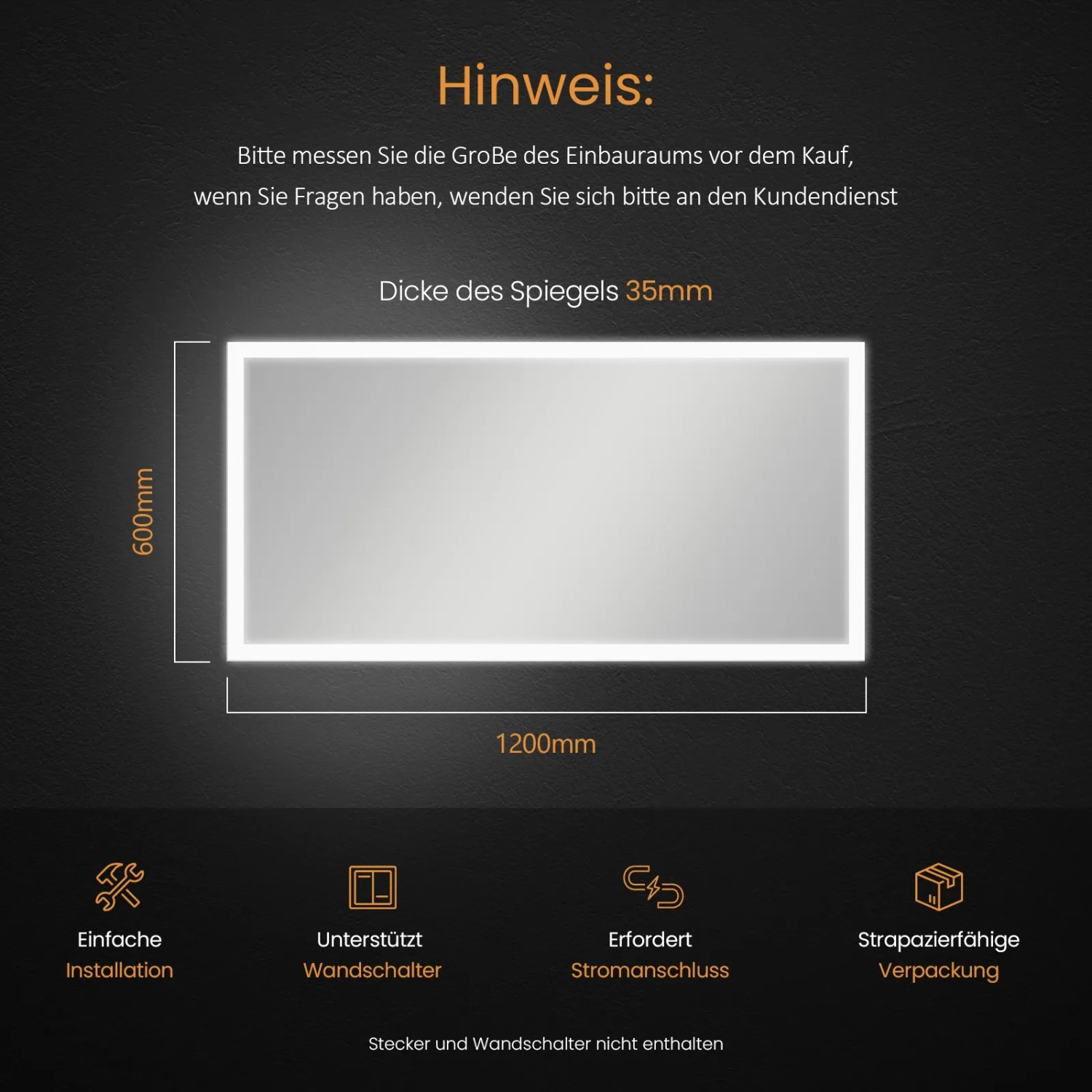 Emke LED Badspiegel 120x60 cm: Wandspiegel mit Beleuchtung, Maßangaben und Hinweisen zur Installation.