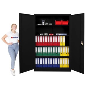 Offener, schwarzer PROREGAL Flügeltürenschrank ELEPHANT mit Ordnern, 180x120x40cm.