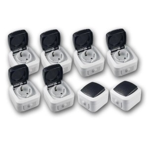 ChiliTec Feuchtraum Starter Kit, 8-teilig: 6 Steckdosen und 2 Schalter für den Feuchtraum.