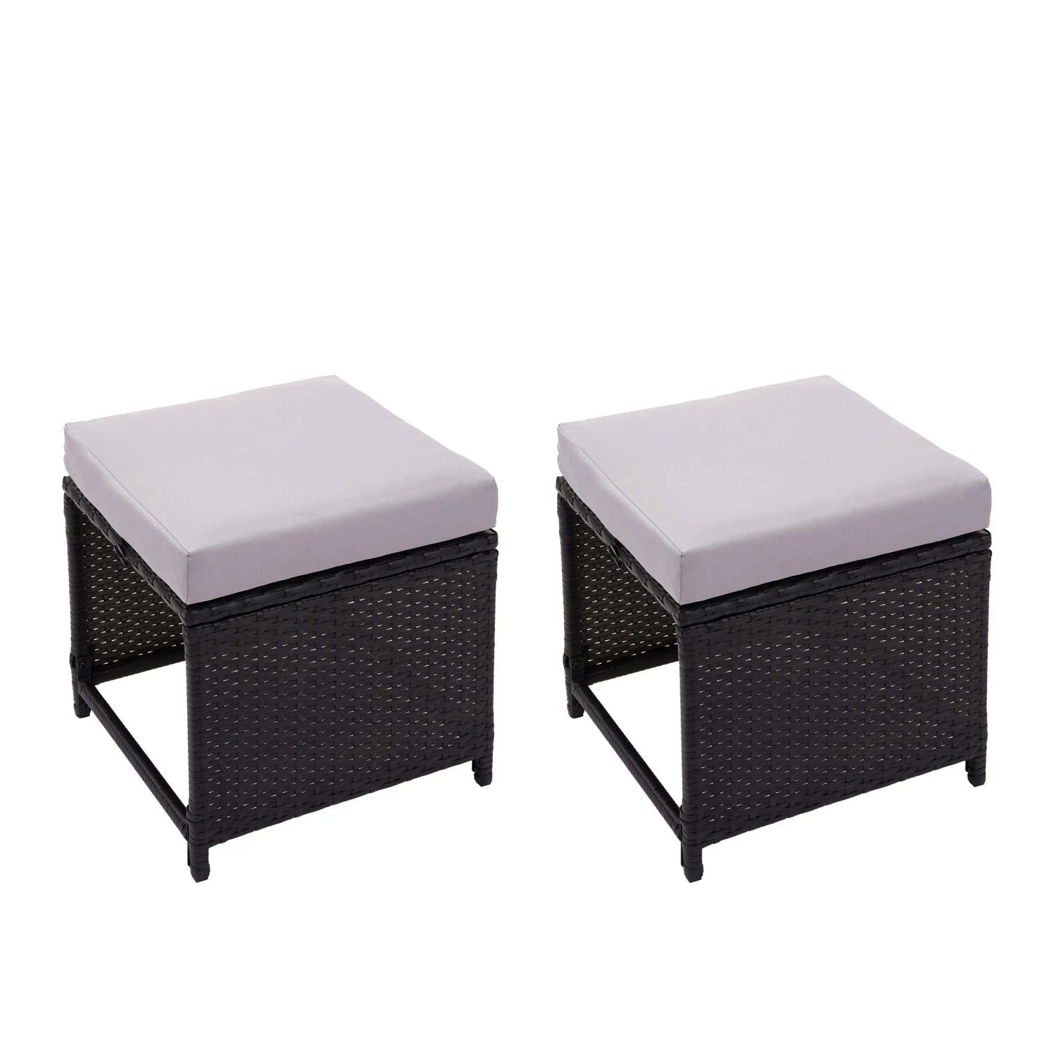 MCW 2x Poly-Rattan Hocker G16 Schwarz Kissen Hellgrau