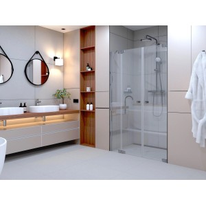 Dusch-Pendeltür Brava Frame, 140x200 cm, Chrom, teilgerahmt, in Nische eingebaut.