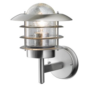 Moderne Außenwandleuchte Calprese aus Edelstahl mit Blasenglas. Auf- und abwärts montierbar.