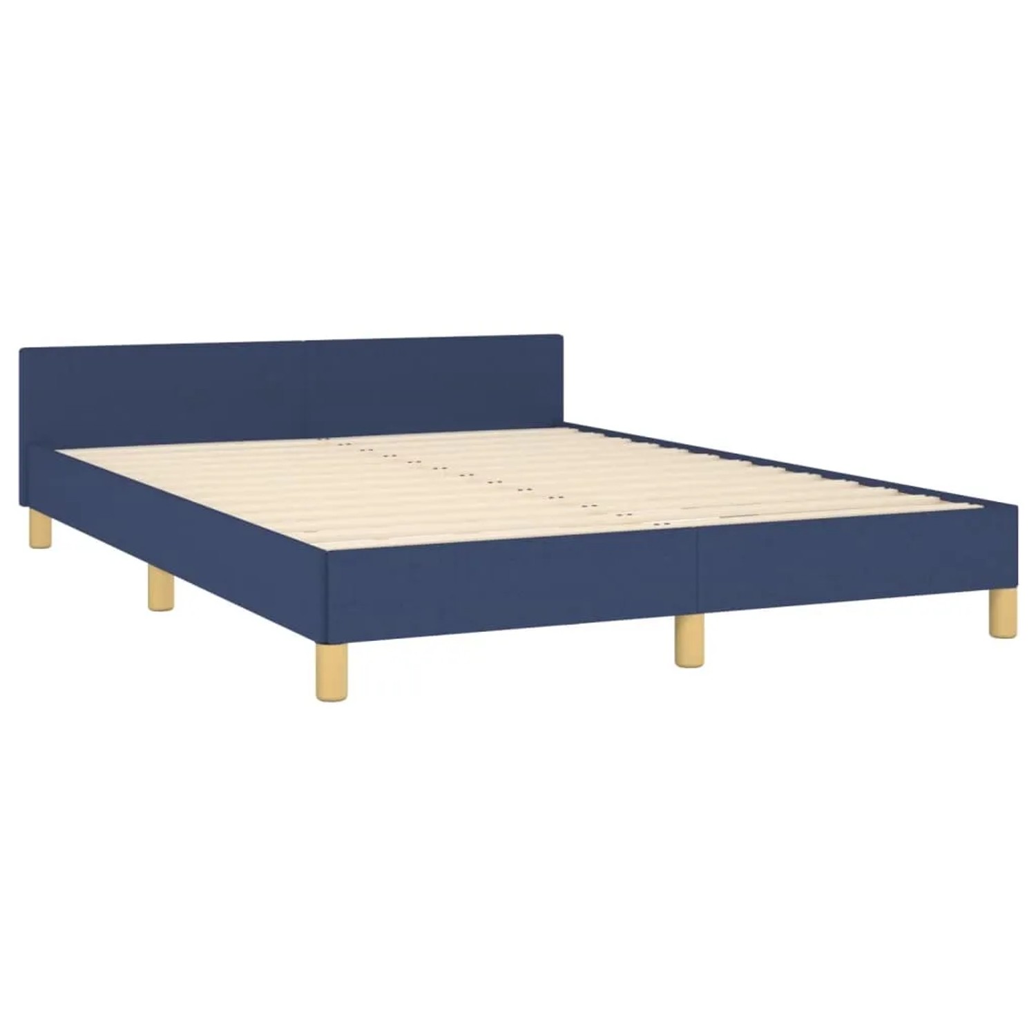 Blaues Stoff-Bettgestell 140x200 cm mit Kopfteil. Bett mit Holzlattenrost und hellen Holzfüßen.